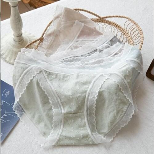 Sweet Women High Fork Panties Underwear Cotton Briefs Lace Trim Cute Girls Intimates 6 Colors