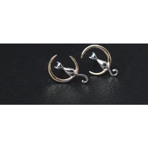 Moon cat earrings 100% 925 Sterling silver Jewelry fashion Hypoallergenic Stud earrings for women gift
