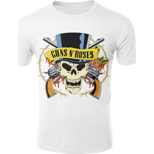 New casual fashion gun rose 3D printing T-shirt skull series hip hop punk rock men and women T-shirt pure white short sleeves