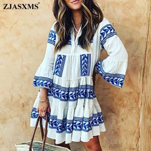 3XL Autumn Printed Ruffle Cupcake Dress Boho Sexy V Neck 3/4 Butterfly Sleeve Office Lady Dress Spring Women Pleated Party Dress