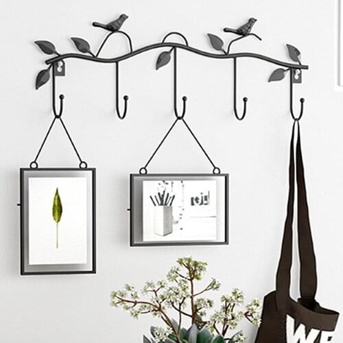 Retro 5 Hook Wrought Iron Bird Hook Hook Bird Shape Leaf Wall Dress Robe Hook Key Coat Holder Cap Hanger Home Decoration