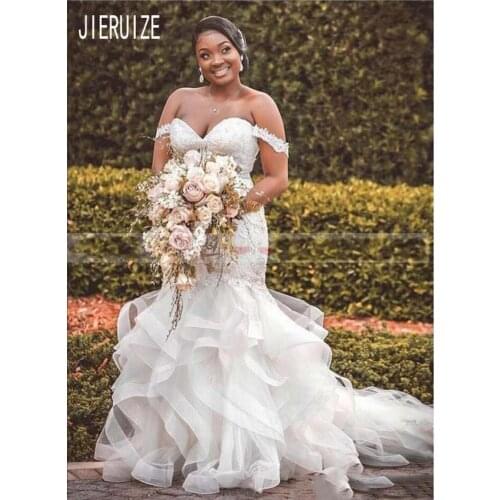 JIERUIZE Luxury Sweetheart Mermaid Wedding Dresses Off the Shoulder Beaded African Ruffles Bridal Wedding Gowns robe de mariee