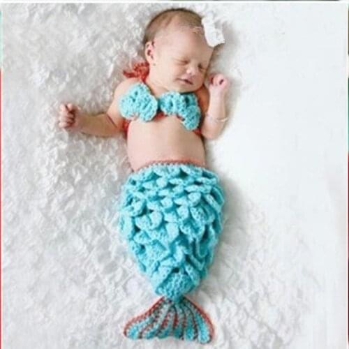 Christmas 2pcs 1set Handmade New arrival casual baby hat clothes newborn baby clothing set yarn blue mermaid girls