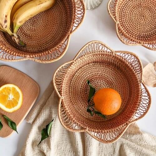 Hand-Woven Rattan Storage Basket Fruit Basket Wicker Woven Tray Restaurant Small Container Home Decoration