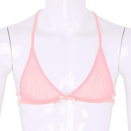 MSemis Sexy Men Bra Sissy Lingerie Pink Lace Gay Underwear Mesh See Through Sheer Y-shape Back Unlined Triangle Bralette Bra Top