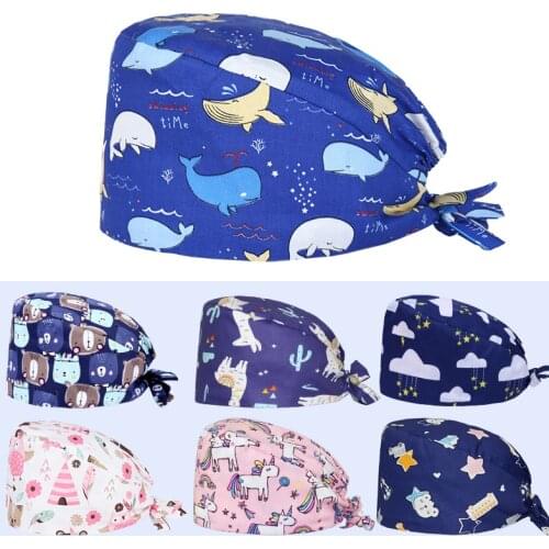Whale Sales Print Scrub Cap Working Skull Hat Unisex 100% Cotton Beautician Pet Work Tieback Inner Sweatband Work Caps