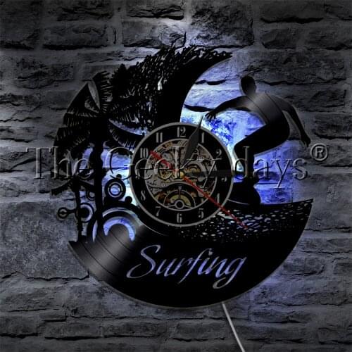 Surfing Water Sport LED Night Light Vinyl Record Wall Clock Summer Beach Time Wall Watch Lamp For Surfing Hobby Gift