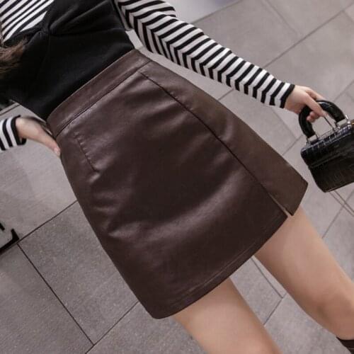 2020 Autumn and Winter Skirts for Women Casual Solid A-Line Empire Vintage Black Fashion Ladies Leather PU White Blusas 0851