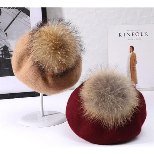 Autumn Winter Womens Warm Cashmere Berets 15Cm Big Hairball Natural Raccoon Fur Pompom Hats Pumpkin Gorras For Women