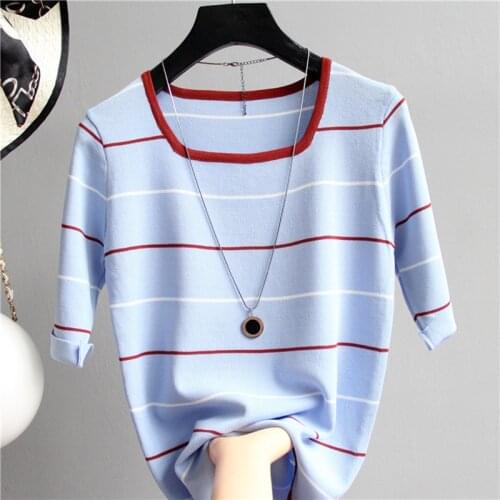 LJSXLS New Solid Square Collar Knitted Sweter Mujer Summer Striped Short Sleeve Sweater Womens Slim Fashion Pullovers Top Women