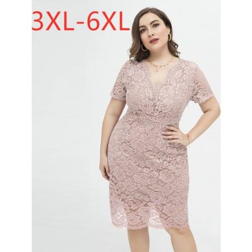 New 2021 summer plus size midi dress for women large short sleeve slim casual lace pink elegant V neck dress 3XL 4XL 5XL 6XL