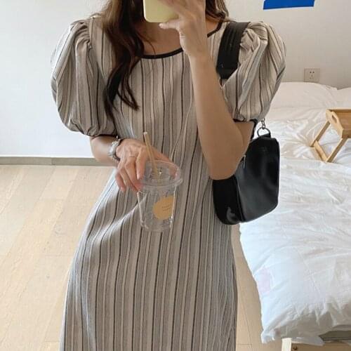 Women Summer Vintage Striped Long Dress Lantern Sleeve Sashes A-line Loose Midi Dresses Round Collar