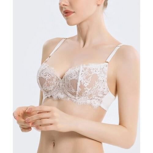 Three Quarters Cup Bra Push Up White Women Lingerie Embroidery Brassiere Thin Cotton Comfortable Sexy Underwear Lace Bra ABC Cup
