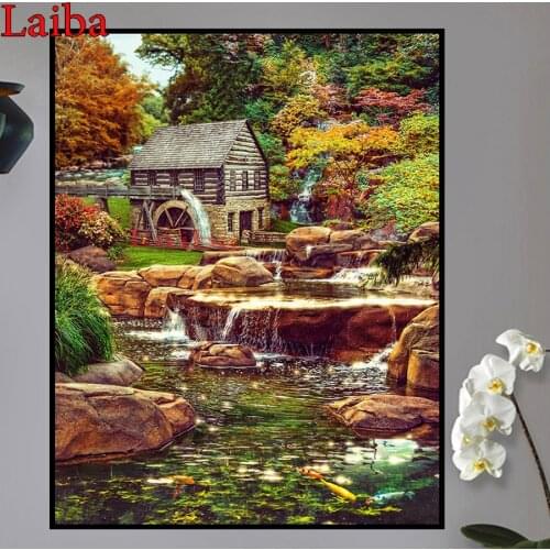 5D diy Diamond painting village house pond Landscape Diamond Embroidery waterfall nature scenery full square/round mosaic decor
