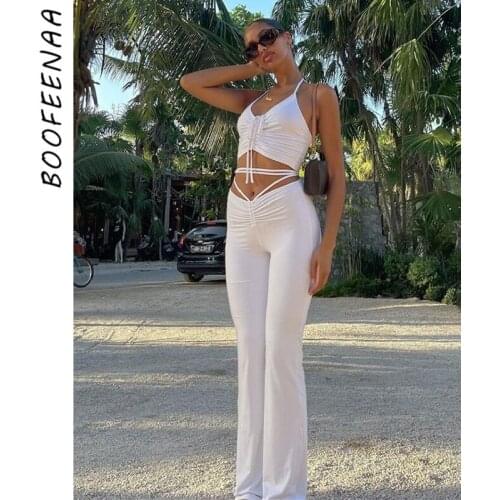 BOOFEENAA Y2k Sexy Halter Crop Top and Low Waist Flare Pants Two Piece Set Women Summer Outfits Ladies Clothes 2021 C95-CZ28