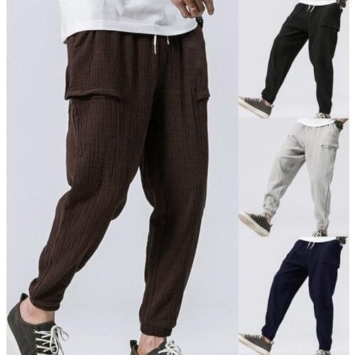 Mens Fashion Casual Loose Solid Color Harem Pants Wide Leg Elasticated Pants Streetwear Cotton Linen Trouser Man Jogger Pants