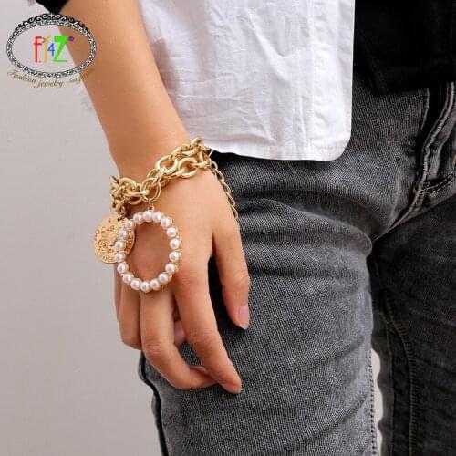 F.J4Z new arrival fashion punk hiphop rock night club sexy link chains round imitation pearls coircle charms bracelet for women