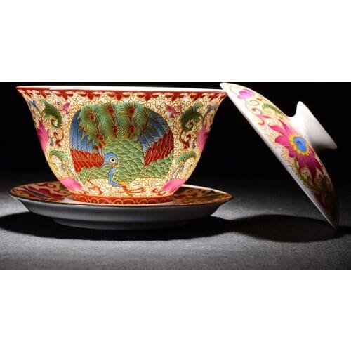 150ml Jingdezhen Porcelain Gaiwan Exquisite Enamel Color Tea Bowl with Saucer Lid Kit Master Tea Tureen Teaware Drinkware Decor