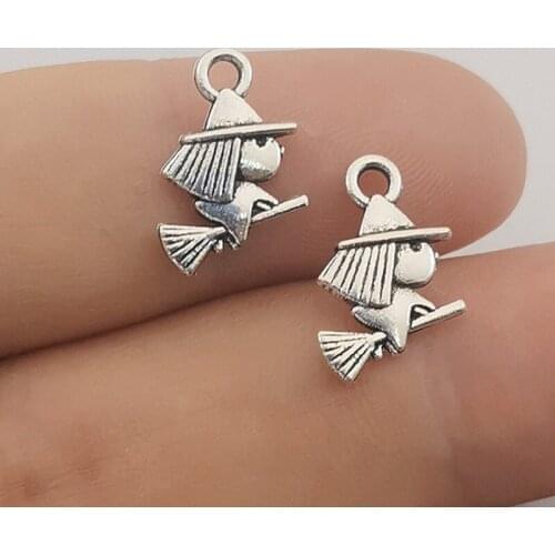 JINDINSP 20pcs 16x11mm Pendant Witch Riding Broomstick Charm Pendants For Jewelry Making DIY Handmade Craft silver alloy charms