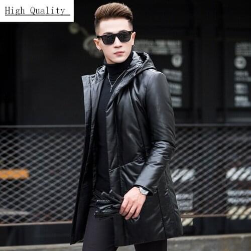 Winter Genuine Leather Jacket Men Clothes 2020 Streetwear Real Sheepskin Duck Down Coat Long Leather Jackets Hooded 6803