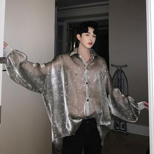 Summer mesh see-through sexy oversize men shirt stars printed large size blouse man vintage long sleeve transparent thin shirts