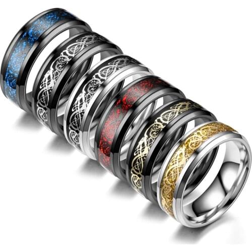 8 Colors 8mm Mens Stainless Steel Dragon Ring Inlay Red Green Black Carbon Fiber Ring Wedding Band Jewelry Size 6-13