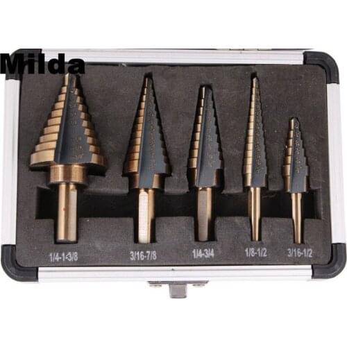 Milda 5pcs Step Drill Bit Set Hss Cobalt Multiple Hole SAE Step Drills 1/4-1-3/8 3/16-7/8 1/4-3/4 1/8-1/2 3/16-1/2 Drill Bits