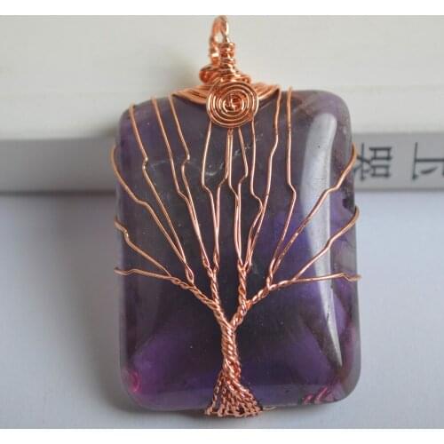 Natural Lucky Purple Crystal Handmade Wire Wrap Tree GEM Pendant Jewelry S648
