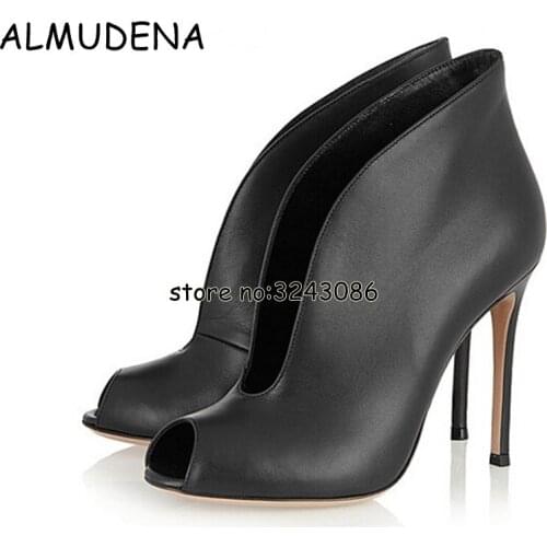 Newest Suede Velvet Leather Women Peep Toe Ankle Booties Deep V Front Ladies High Heels Slip On Fashion Dress Shoes Women Pumps