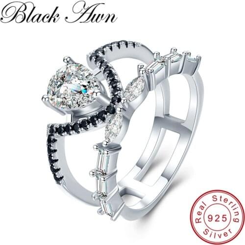 New Romantic 4g 925 Sterling Silver Fine Jewelry Baguet Row Engagement Black Spinel Croen Engagement Rings for Women G020