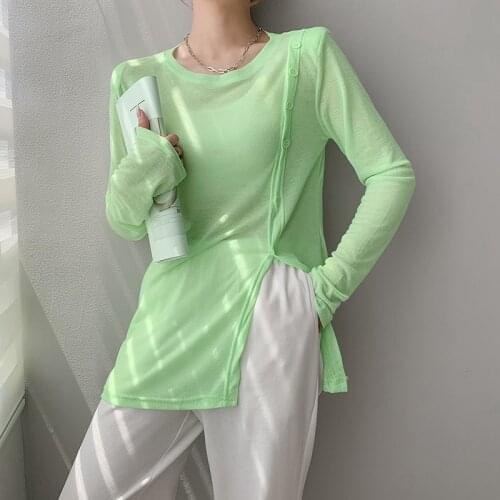 2021 Summer T Shirts Fashion Girls Slit Buttons Tops Long Sleeve Slim T-shirts Women Cotton Pink Korean Tee Shirt Femme White