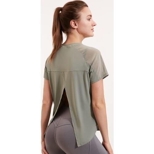 Vansydical Women Mesh Sport Fitness T-shirt Back Opening Yoga Tops Short Sleeved Female O-Neck Running Workout Shirts Quick Dry