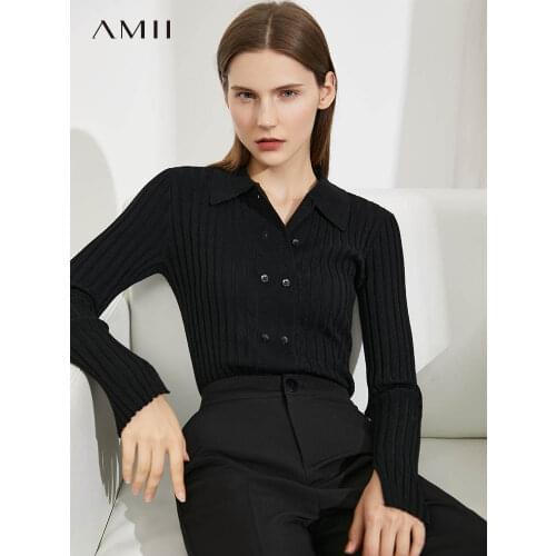 AMII Minimalism Womens Cardigan Office Lady Double Breasted Slim Knitted Tops Female Sweater For Women Winter Clothing 12140857