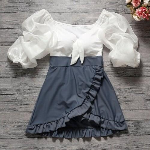 Women Patchwork One Piece Swimwear Short Sleeve Bathing Suit Beachwear Swimsuit Summer Sexy Swim Beach Dress Swimming Suits