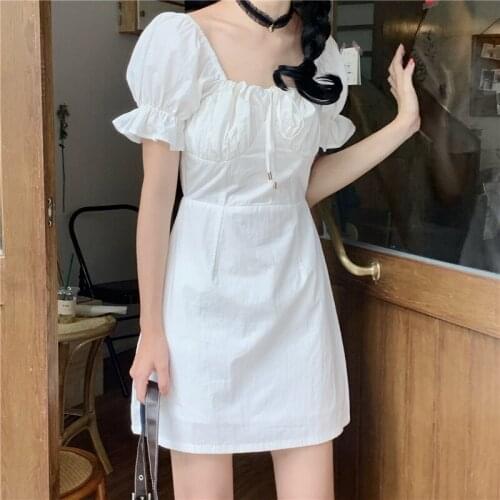 White Short Dresses Womens 2021 Summer New French Style Square Collar High Waist Sweet Puff Sleeve Gentle Wind Dress Women
