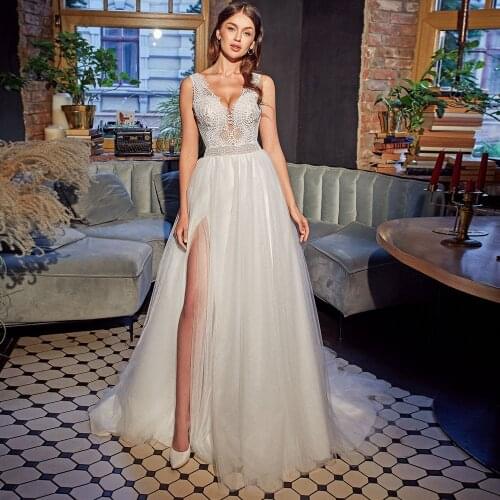 Boho A-Line Tulle Wedding Dress Deep V Neck Slit 2021 Sleeveless Lace Backless Sweep Train Bridal Gowns Vestido De Novia