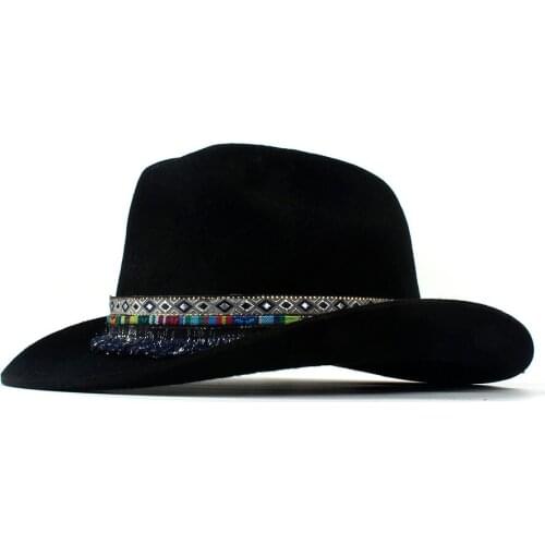 100% Wool Women Men Wool Tassel Western Cowboy Hat Gentleman Dad Black Outback Sombrero Hombre Montana Hat 57-59CM