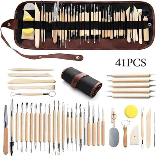 41Pcs/set DIY Clay Pottery Tool Set Drill Pen Ceramics Sculpting Carving Sculpture Craft Wooden Handle Modeling Kit Ceramic Tool
