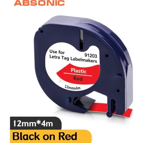Absonic 91203 Black on Red Tape Compatible Dymo Labeling Tape 91333 91223 12mm Plastic for Letratag LT Label Printer LT-100H XM