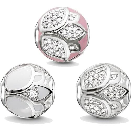 Silver & Rhinestone White Pink Lotus Blossoms Karma Beads Fit Pandora Bracelet Lotos DIY Bead Accessories Jewelry For Women