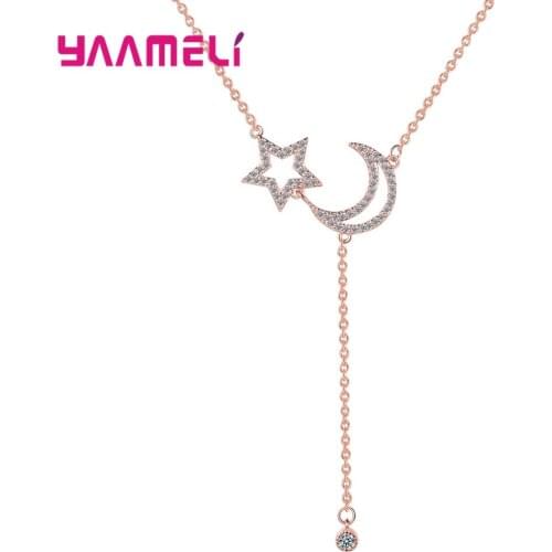 Elegant Simple 925 Sterling Silver Moon Star Pendant Necklace Clear Cubic Zircon Fashion Woman Necklace Jewelry