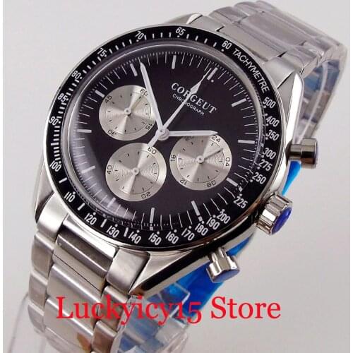 CORGEUT Black Men Watch Chronograph 24 Hours VK Quartz Movement Steel Bracelet Fixed Bezel Sub Dial Domed Glass