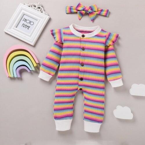 Newborn Baby Girl Fall Rainbow Strip Outfit Ribbed Long Sleeve Ruffle Button Romper + Headband 2Pcs Set