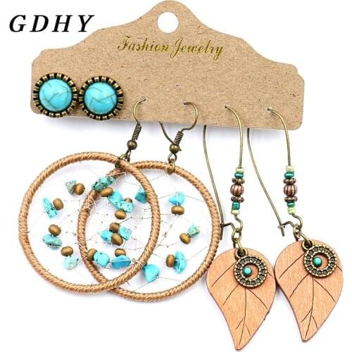 GDHY Bohemian Hollow Dream Catcher Leaf Ear Drop Earrings For Women Indian Jewelry Green Natural Stone Drop Dangle Earrings