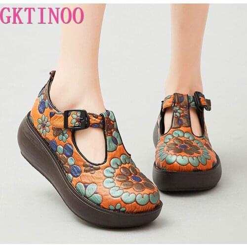 GKTINOO 2021 New Genuine Leather Pumps Women Shoes Print Spring Autumn Retro Buckle Strap High Heels Ladies Shoes