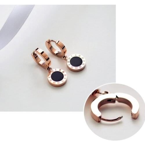 Titanium Steel rose gold color Classic Clip Roman Numerals Women Wedding Stud Earrings /Fashion Unisex Cheap Stud Earrings