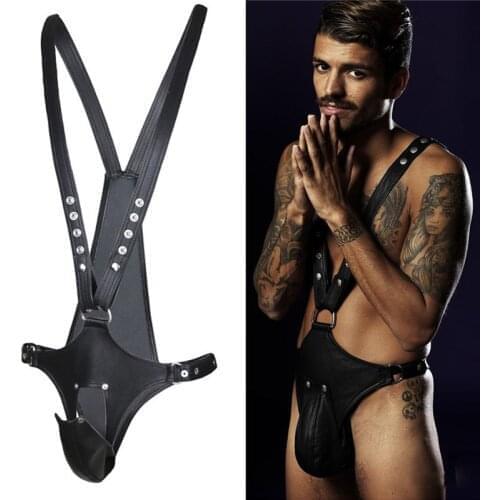 Fetish Men Leather Penis Pouch Harness Belts Sexy Gay Body Bondage Clothes Open Crotch BDSM Chest Harness for Men Rave Costumes