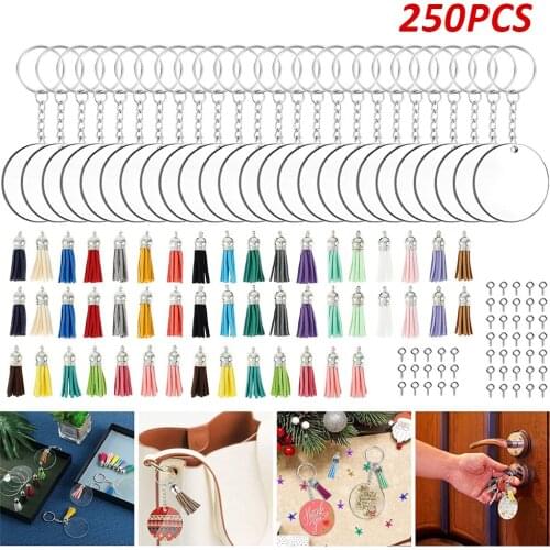 250 Pcs Acrylic Keychain Blanks Kit with Key Rings Jump Rings Round Clear Discs Circles Colorful Tassel Pendants for DIY