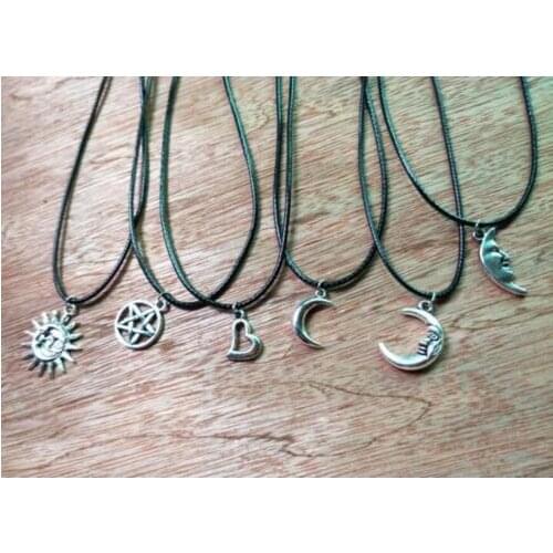 New Listing Vintage Gothic Necklaces black Leather Rope Moon Pentagram Heart-shaped Wing Tai Chi Alloy Pendant Necklace 1 pcs