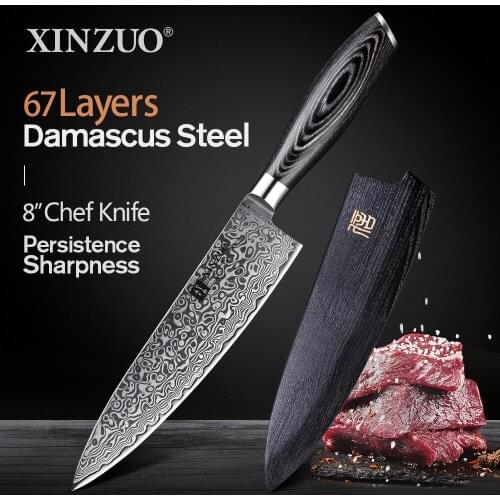 XINZUO 8" inches Chefs Knife China 67 Layers High Carbon Damascus Stainless Steel Kitchen Pro Cleaver Knives Pakkawood Handle